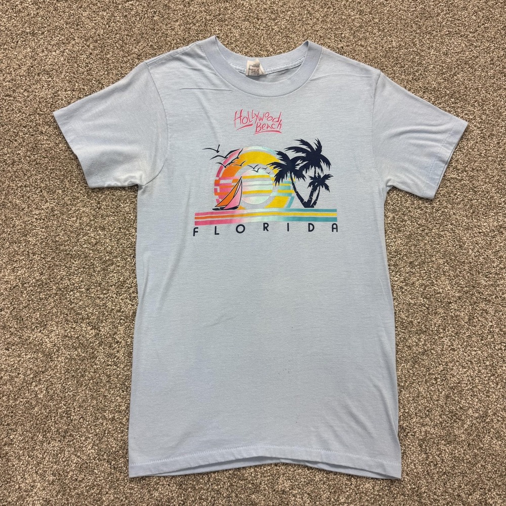 Vintage My Shirt Hollywood Beach Florida Shirt Mens M Blue Graphic Tee T-Shirt
